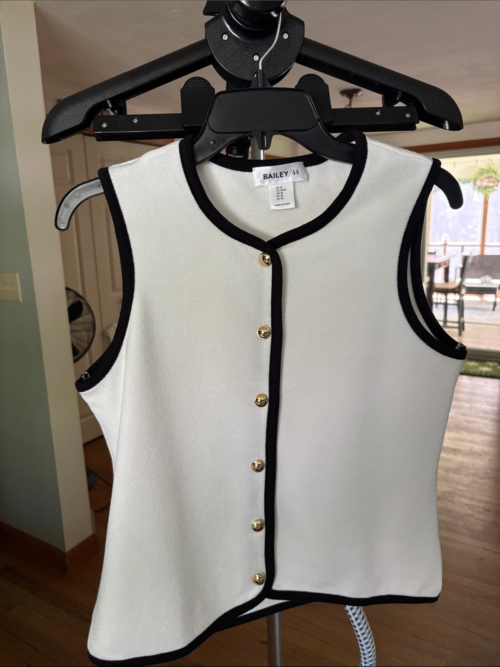 Bailey 44 White Tank Top with Black Trim and Gold Buttons